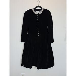 Vintage 80s You Too Babes black velvet midi dress lace collar victorian MD goth